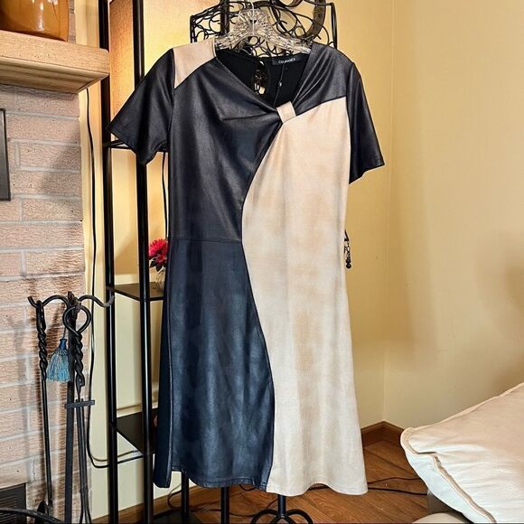 COURAGE.b BLACK/BEIGE FAUX LEATHER/SUEDE ROMATA DRESS S NWT - Picture 14 of 16